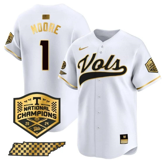 Men's Tennessee Volunteers #1 Christian Moore White Gold 2024 Champions Vapor Limited Stitched Jersey Men's Tennessee Volunteers #1 Christian Moore White Gold 2024 Champions Vapor Limited Stitched Jersey